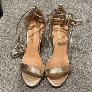Lulu's Metallic Gold Strappy Wrap Around the Ankle Heels